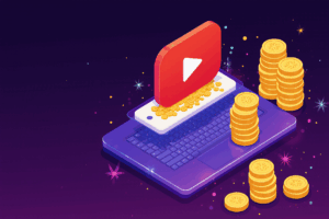 a modern digital illustration of a youtube play button turning into golden coins futuristic style g hbnkxgcggbzrfar4ew5e 1