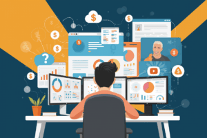 concept art of a creator sitting at a desk with multiple screens showing analytics dollar signs and joa7nlbni3jy7s4suvg5 3